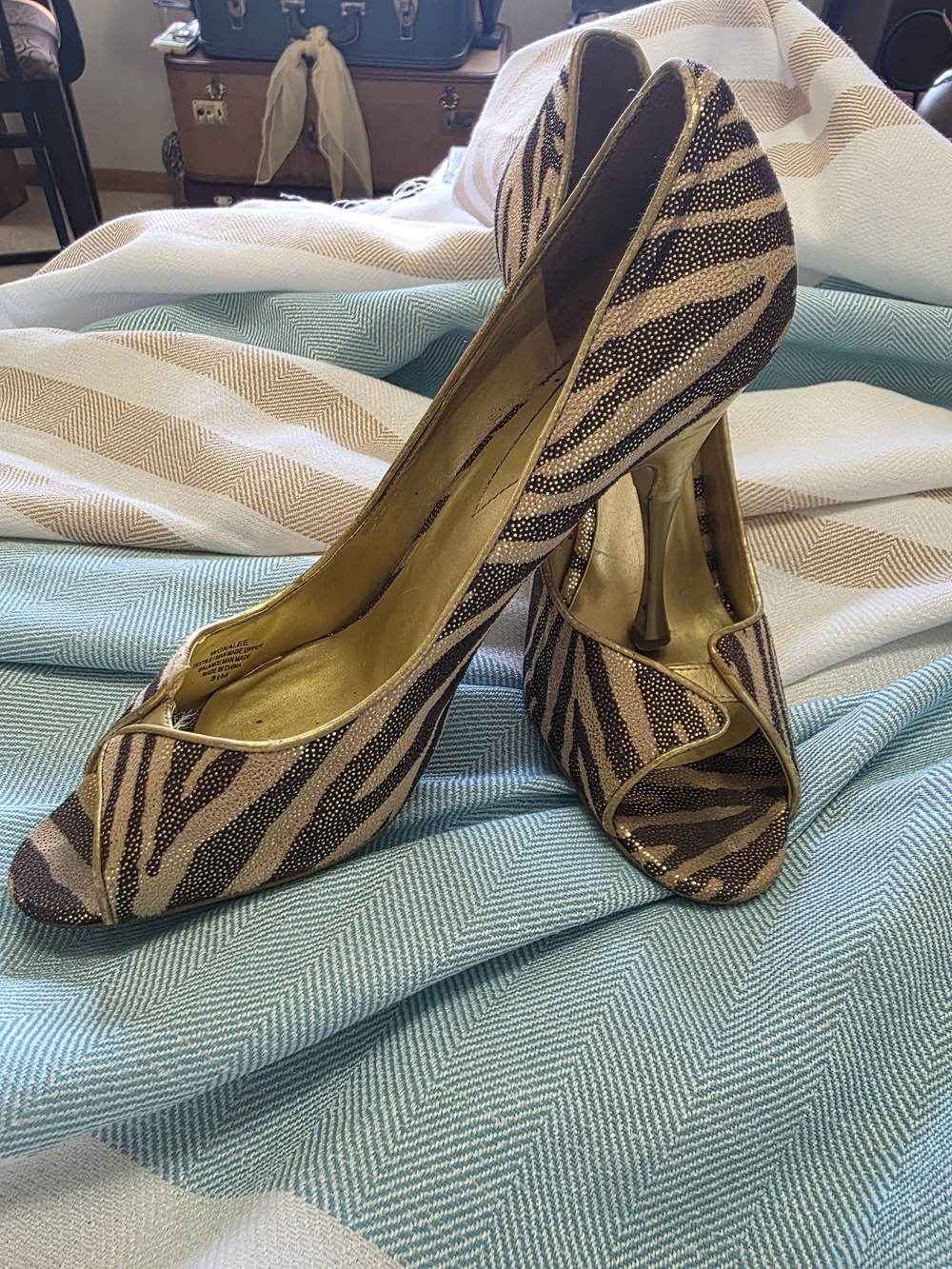 Guess Zebra-Print Peep Toe Heels in Brown and Gold